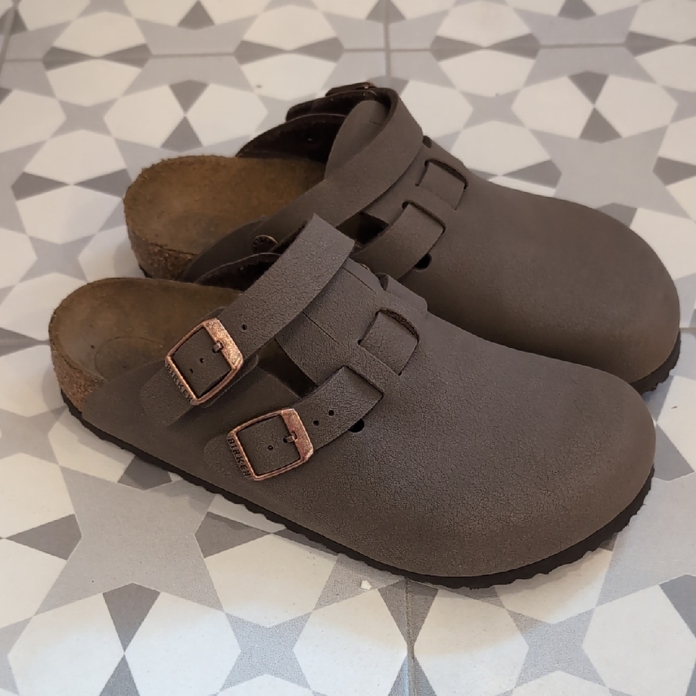 Brown Suede Clogs with Buckle Straps